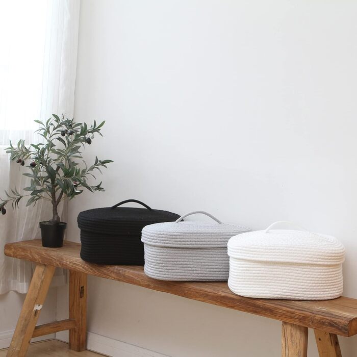 Кошик для зберігання Sea Team Oval з бавовняної мотузки з кришкою, плетений кошик для зберігання з кришкою, дитяча кімната, кошик для підгузків, кошик для дитячого душу, коробка, органайзер, 38,1 x 27,9 x 16,5 см, білий