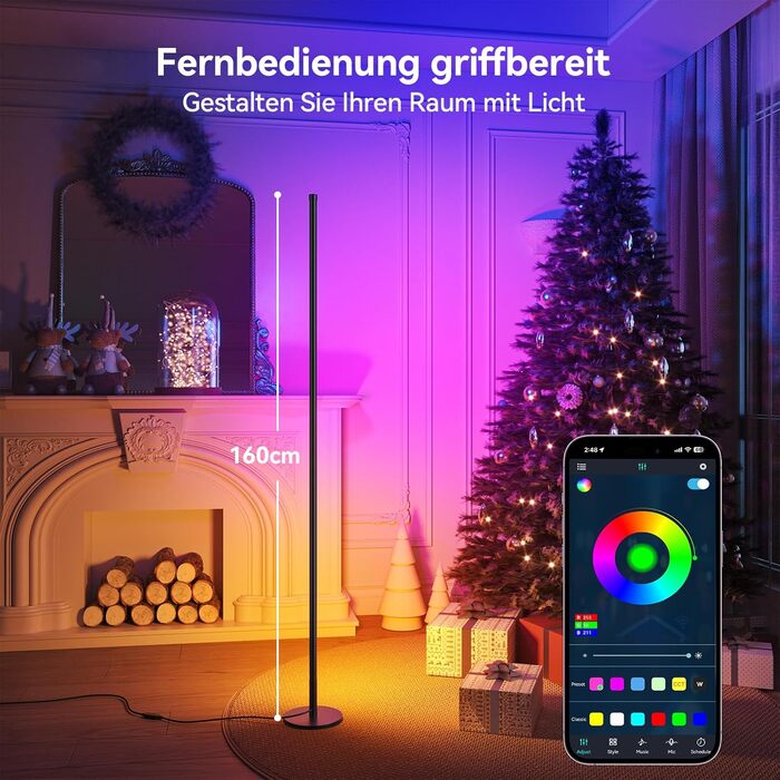 Набір з 2 RGB LED торшерів для вітальні (160 см) димовані підлогові світильники з пультом та керуванням через додаток, музичні та DIY-режими, таймер для спальні та геймінгу