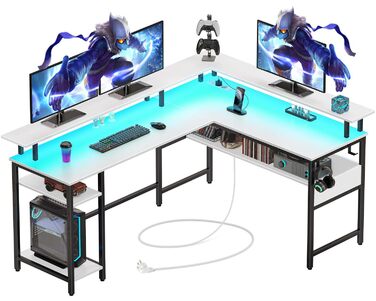 Г-подібний ігровий стіл Rolanstar зі світлодіодним освітленням та розеткою, 137 x 108 см, комп&39ютерний стіл з підставкою для монітора та місцем для зберігання, двосторонній кутовий стіл для офісу та домашнього офісу (білий)