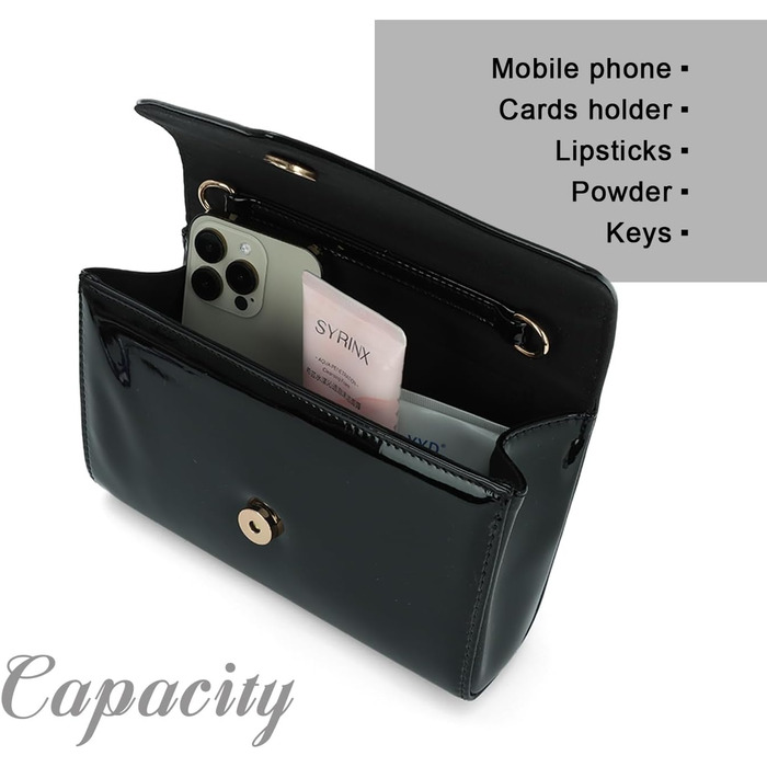 Жіноче лаковане клатч з ланцюжком на плече. Елегантна сумка-кросбоді для вечірок та особливих подій, чорний колір.