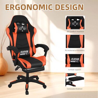 Ергономічне ігрове крісло FRANKYSTAR Clutch, офісне крісло з поперековою подушкою, підголівником та підставкою для ніг з ПВХ, чорного та червоного кольорів