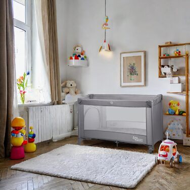 Складане дитяче ліжечко-переноска PR-803 з сумкою та боковим входом, підходить для немовлят та малюків, 2 колеса, 125x65x74 см (сіре)