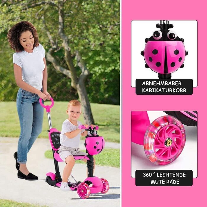 В-1 Дитячий самокат Самокат зі знімним кошиком для мультфільмів Сидіння штовхач Світлодіодні великі колеса Зручна спинка Регульова