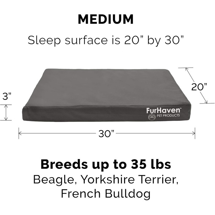 Ортопедичне ліжко для собак Furhaven середнього розміру, водостійке, для використання в приміщенні/на вулиці, з логотипом Oxford Polycanvas, зі знімним чохлом, що прається - сірий колір, середній розмір Д 76 x Ш 51 x В 8 см