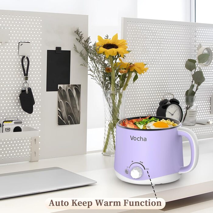 Електрична гаряча каструля Vocha, маленька каструля 1,6 л з функцією підтримки тепла, портативна каструля для швидкого супу, мультиварка для супу/рамену/макаронів/вівсянки/яєць, з подвійною потужністю (фіолетова)