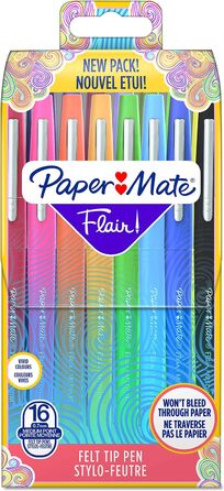 Фломастери Papermate Flair середній наконечник (0,7 мм) Змішані кольори Пакетик з 16 шпильок Кольори Асорті 16 шт. (1 упаковка)