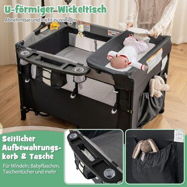 Дорожнє ліжечко 5 в 1 для немовлят, 120 x 60 см, приліжкове ліжко з матрацом та пеленальний столик, музичний мобіль та іграшки, дитяче ліжечко з регульованою висотою для немовлят від народження (темно-сірий)