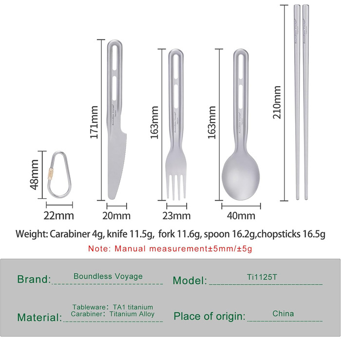 Титанові кемпінгові аксесуари Boundless Voyage, ніж, ложка, виделка, набір паличок для їжі, надлегкий набір столових приборів для супу, їжі, салату, пасти (ti1125t-d)
