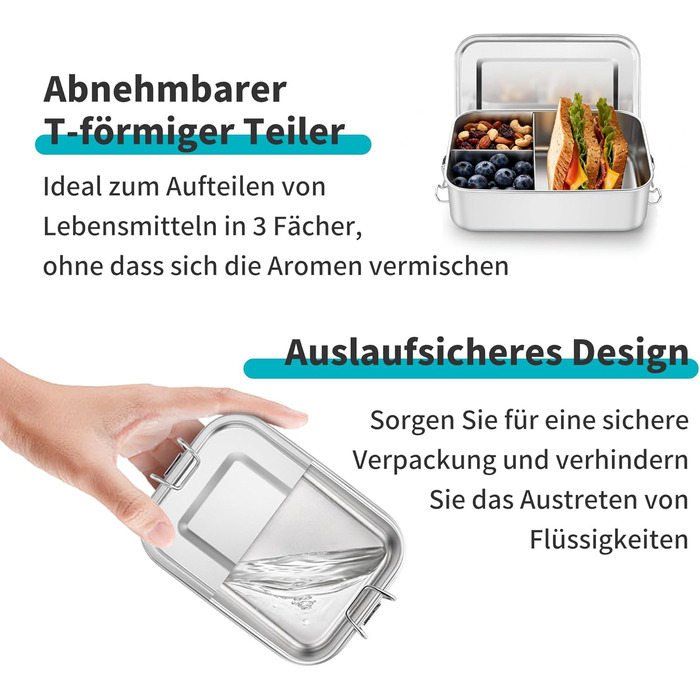 Набір металевих ланчбоксів Onader з роздільниками, 850 мл, 2 шт. Бенто-бокс для дітей та дорослих, герметичний, можна мити в посудомийній машині, 16,5 см