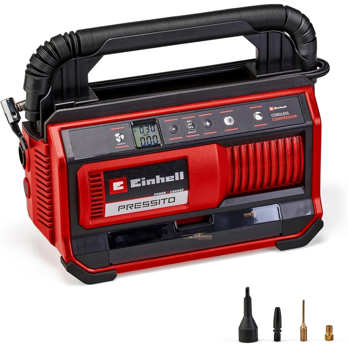 Акумуляторний компресор Einhell PRESSITO 18/25 Power X-Change (18 В, макс. 11 бар, вкл. набір адаптерів з 3-х частин, вкл. шланг в