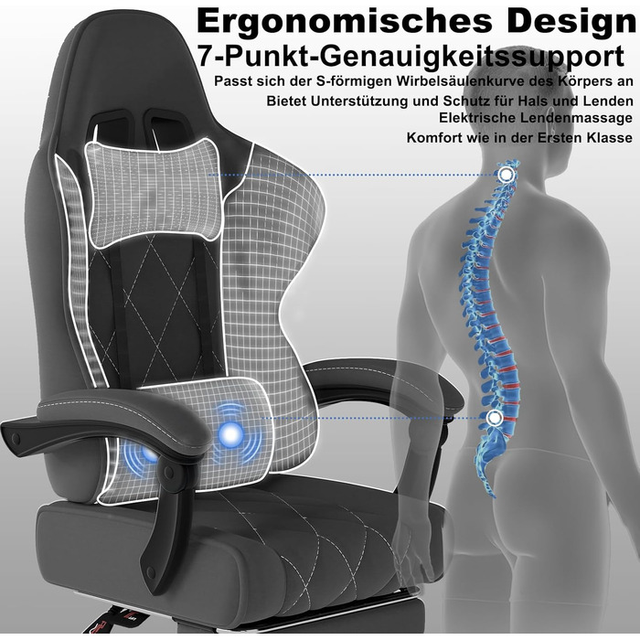 Тканинне ігрове крісло з масажною поперековою опорою, дихаюче офісне крісло ергономічне зі зручною пружинною подушкою та підставкою для ніг, ігрове крісло з підголівником та широким сидінням, темно-сірий/чорний