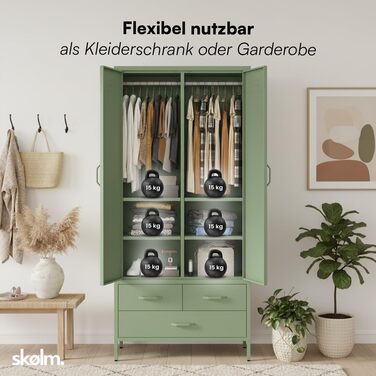 Металева шафа Skølm Atria Металева шафа з 6 відділеннями, 2 рейками для одягу та 3 шухлядами Шафа м&39ятно-зеленого кольору Металева шафа завширшки 80 см Шафа для спальні Шафа для передпокою м&39ятно-зеленого кольору з 2 дверима, 3 шухлядами