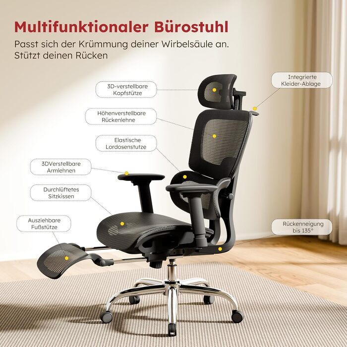 Ергономічне офісне крісло з підставкою для ніг та знімною подушкою