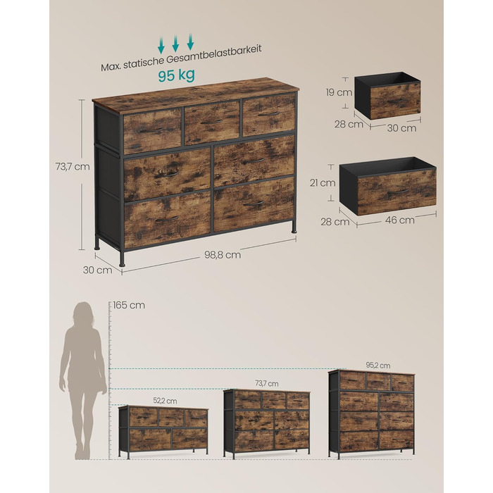 Комод SONGMICS, шафа, 7 тканинних шухляд, шафа для зберігання, сталь, МДФ, неткане полотно, для спальні, коридору, вітальні, вінтажний коричневий-чорний LGS323BH04 Вінтажний коричневий чорнильний 7 шухляд