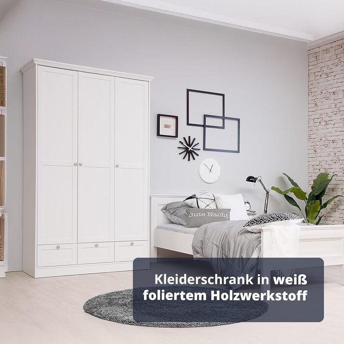 Шафа-купе KHG з орними дверима, біла, 3 двері, 3 шухляди, 1 вішалка для одягу, 5 полиць з регульованою висотою, цоколь, шафа в сільському стилі, 3-дверна