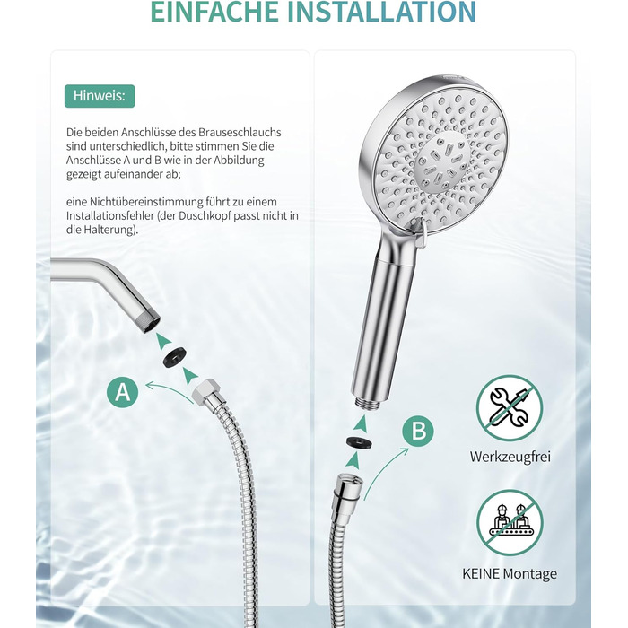 Душова лійка SR SUN RISE з фільтром, шланг та картриджі для фільтрації, 9 режимів розпилення з 4-ступеневим фільтром води, високий тиск для жорсткої води, видаляє залишковий хлор, важкі метали та бактерії, хромоване покриття з іонами срібла