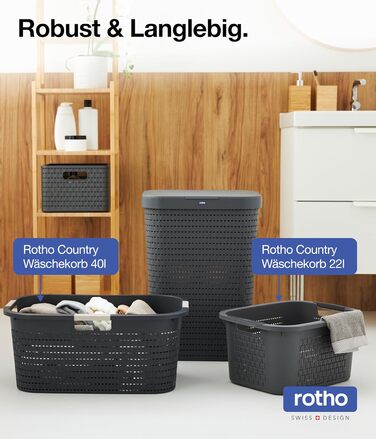 Кошик для білизни Rotho Country 40 л, пластик (PP) без вмісту BPA, антрацит, 40 л (58,0 x 38,9 x 25,1 см)