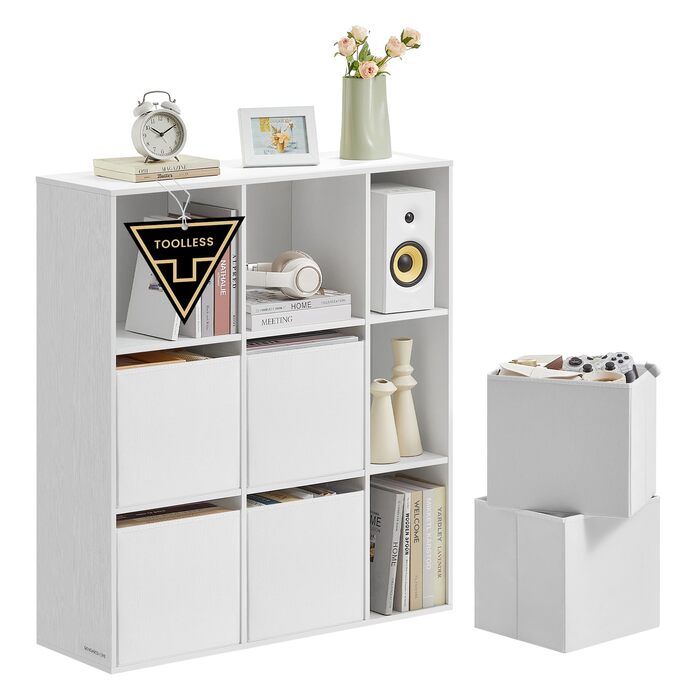 Книжкова полиця SONGMICS HOME, надшвидке складання без інструментів, технологія без інструментів, полиця з 9 відділеннями, окремостояча полиця, 6 шухляд з тканини, система полиць, 27 x 83 x 91,8 см, білосніжний колір LBC199W01, 9 рівнів (91,8 висоти см)