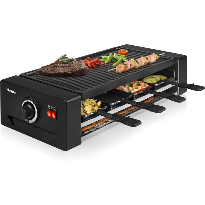 Багатофункціональний прилад для раклету та піци регульований термостат з подвійним нагрівальним елементом 43 х 23 см варильна поверхня на 8 осіб без BPA 1300 Вт, чорний, 2736