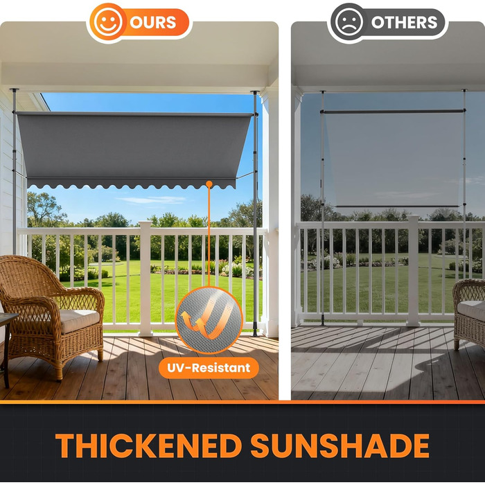 Тент-затискач сірий (250 x 175 см) Балконний тент без свердління Тент-затискач з ручним приводом Водонепроникний та сонцестійкий 250 x 175 см