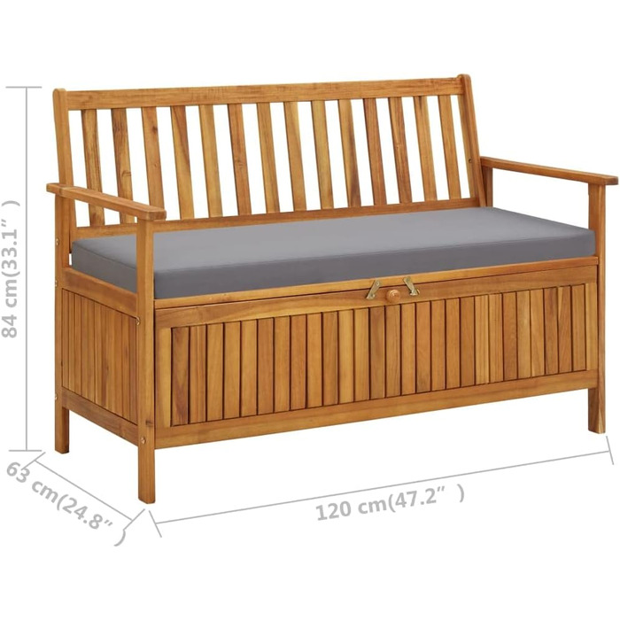 Садова лавка з масиву акації з місцем для зберігання Лавка для зберігання Лавка для подушок Коробка для подушок Коробка для подушок Садова скриня 120 см 120 см 63x84 см Коричневий і сірий