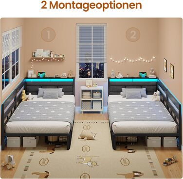 М&39який диван-ліжко 90x200 зі світлодіодним освітленням, зарядною станцією, кушеткою, дитячим ліжком з 2 шухлядами та металевим рейковим каркасом, м&39яким узголів&39ям з відкритим місцем для зберігання, чорний 90 x 200 см