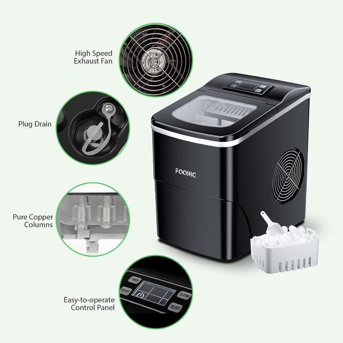 Машина для виробництва кубиків льоду FOOING Льодогенератор Кубик льоду готовий за 6 хвилин 2-літровий льодогенератор з лопатою для льоду та кошиком Світлодіодний дисплей Машини для кубиків льоду для домашнього бару Black
