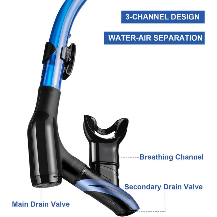 Набір для сноркелінгу з трубкою та маскою для дайвінгу, водонепроникна маска для дайвінгу, захист від запотівання та протікання, виготовлена із загартованого скла, з 3-канальним сухим трубкою преміум-класу для дорослих, чорний/синій