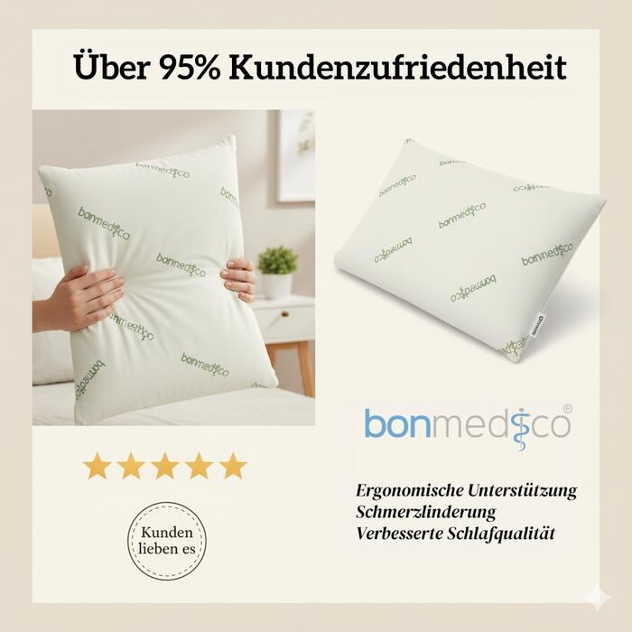 Ортопедична подушка для шиї bonmedico з піни з ефектом пам&39яті для болю в шиї та покращення положення сну 68x40x12 см для сну на спині та на боці чохол, який можна прати, гіпоалергенна Supreme 12 см