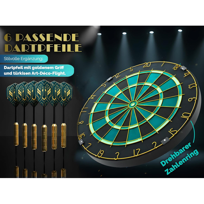 Професійна сизалева мішень для дротиків, бірюзового кольору із золотим кільцем з номером та стрілками - Професійна сталева мішень для дротиків - Мішень для дротиків з 6 металевими наконечниками, золотими стволами для дротиків та держаками