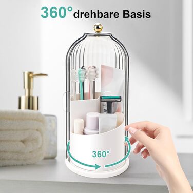 Тримач для зубних щіток RISEMART із ковзною кришкою, обертовий органайзер для ванної кімнати з 3 відділеннями для стільниці, тримач для зубних щіток і пасти, тримач для ванної кімнати, органайзер для раковини для косметичних щіток