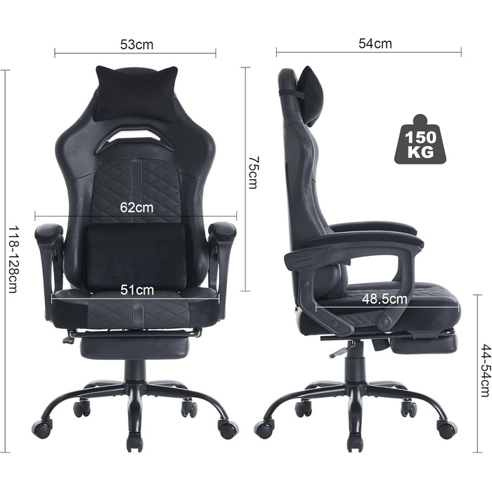 Ігрове крісло з ергономічною підставкою для ніг та коліщатками, комп&39ютерне крісло з підголівником та поперековою опорою, офісне крісло, комп&39ютерне крісло, регульоване та поворотне робоче крісло, чорне