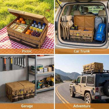 Органайзер для багажника, похідний, для перевезення вантажу та інструментів, посуду для кемпінгу, коробка, коричневий, великий, 600D водонепроникний Oxford поліестер, 4 відділення з ручкою