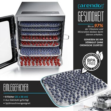Дегідратор з нержавіючої сталі 8 разів - 500 Вт з регулятором температури - Дегідратор їжі М'ясо, фрукти, овочі - Таймер до 24 годин - 8 вставок - GS - Дегідратор - Без бісфенолу А Одинарний