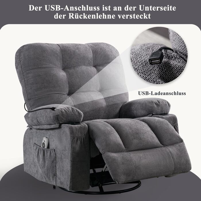 Крісло Bosmiller з функцією відкидання, масажне крісло, велике крісло для телевізора, поворотне на 360, підігрів, регульоване, тканинне крісло, сірий колір