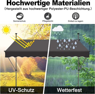 Тент, тент із затискачем, балконний сонцезахисний тент, висувний, регульований вручну за допомогою ручної ручки, стійкий до ультрафіолету, сонцезахист, 100 поліестер, для внутрішніх дворів, балконів, ресторанів, кафе, темно-сірий, 300 x 120 см