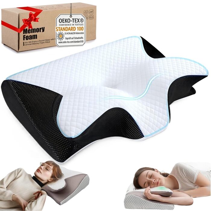 Подушка для підтримки шиї, ергономічна ортопедична подушка 2 в 1, подушка з піни з ефектом пам&39яті, подушка для зняття болю в шиї, ергономічна подушка для сну на боці, спині та животі (чорна)