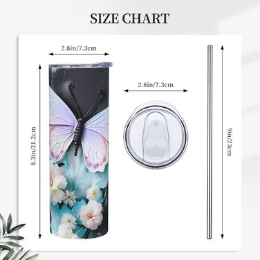 Кухоль з прямою трубочкою, 590 мл, білий метелик, принт, дорожній кухоль, підходить для кемпінгу, офісу та дому