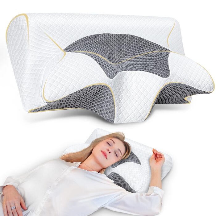 Подушка для шиї SAHEYER з піни з ефектом пам&39яті, подушка для підтримки шиї 2 в 1, подушка для голови для сну на боці, животі та спині, з пральною та дихаючою наволочкою, 59 * 43 * 12/15 см, сіро-біло-сіра