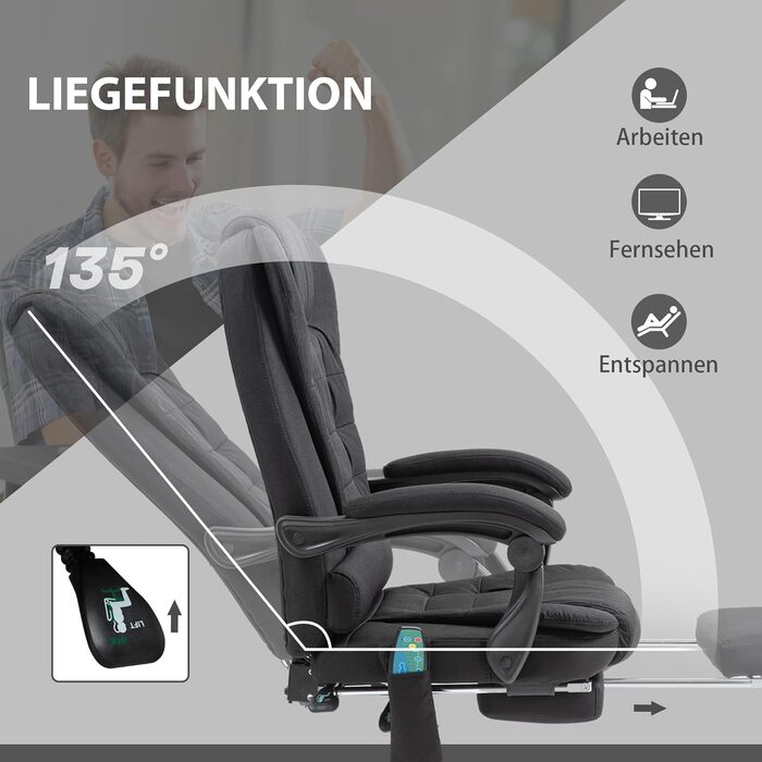 Офісне крісло Vinsetto з функцією масажу, ергономічне робоче крісло з функцією відкидання та підігріву, підставка для ніг, комп&39ютерне крісло з регульованою висотою, бічною кишенею та пультом дистанційного керування, чорна тканина з ефектом оксамиту та 