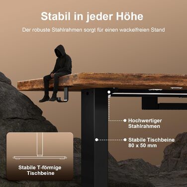 Стіл з регульованою висотою 160 x 80 см з кабельним лотком, Електрично регульований стіл для роботи стоячи з USB-портом, Комп&39ютерний стіл, Ергономічний стіл для роботи сидячи та стоячи, Офісний стіл, Вінтажний коричневий 160 x 80 см