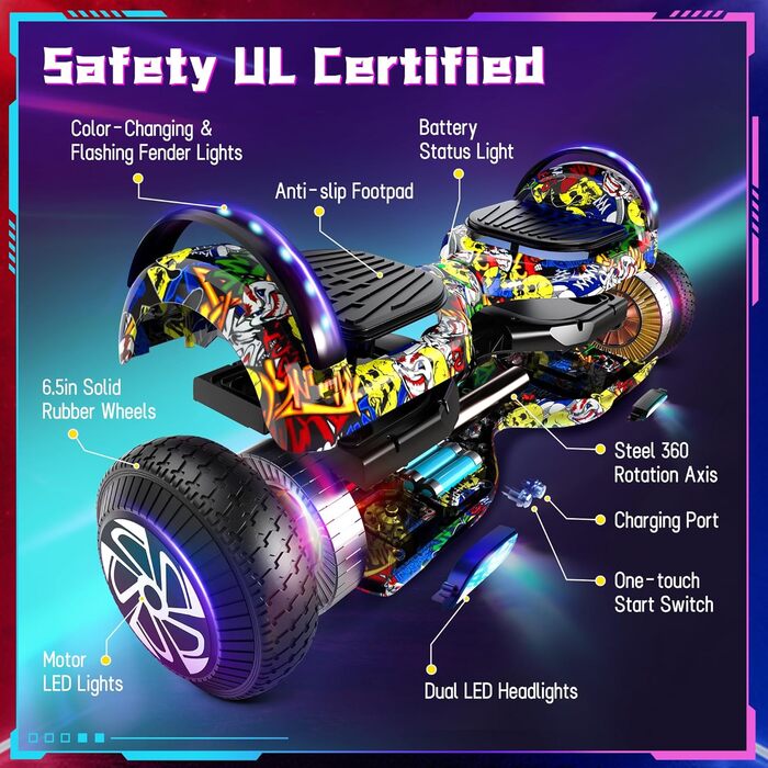 Електричний самобалансуючий ховерборд з шинами 6,5 дюймів, подвійним двигуном, Bluetooth-флеш-колесом зі світлодіодним підсвічуванням. Електричний самокат із самобалансуючими колесами.