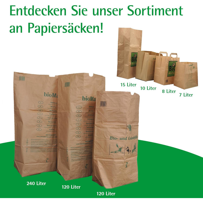 Компостовані паперові пакети bioMat 240 л з крафт-паперу, 25 паперових пакетів для контейнера для органічних відходів, 1-шарові, стійкі до розриву, вологостійкі, (упаковка з 25 шт.) 240 л (25 шт.)
