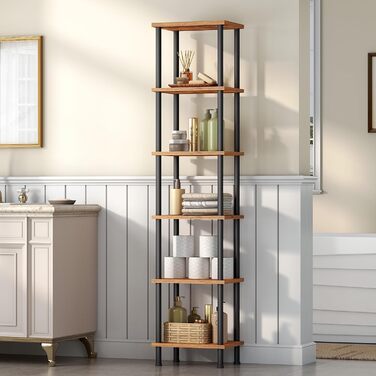 Ярусна книжкова полиця HOOBRO, окремостояча полиця в ретро стилі, полиця для DVD, офісна полиця, відкриті полиці, легке складання, для вітальні, офісу, вінтажний коричневий та чорний EBF165SJ01 38 x 28 x 166,5 см, рустикальний коричневий чорний, 6-