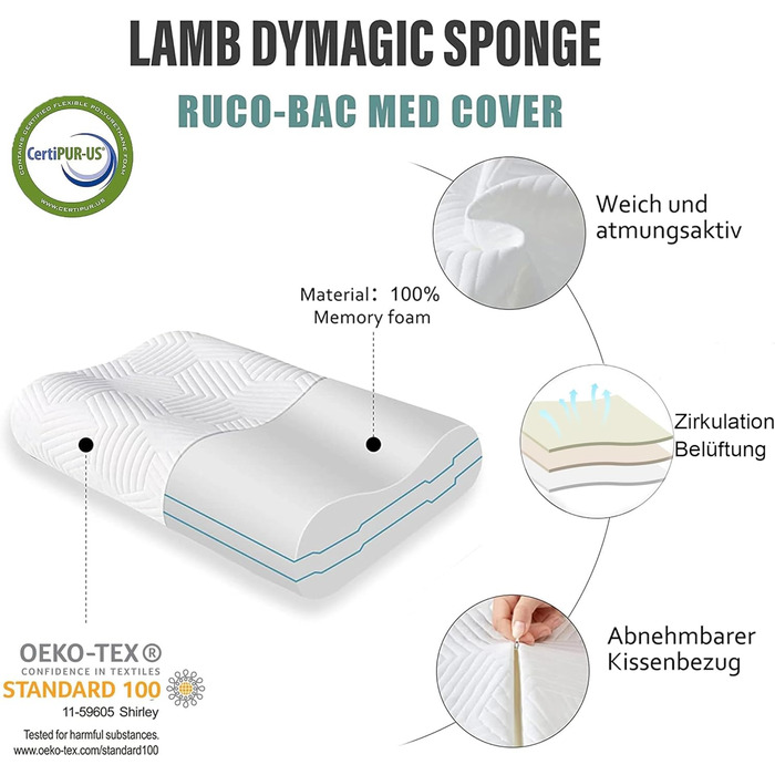 Подушка LAMB з регульованою по висоті з піни з ефектом пам&39яті, подушка для голови, подушка для шиї, подушка для підтримки шиї, ергономічна подушка для голови, подушка проти хропіння зі знімним чохлом, 60x36x12/10 см, біла, 1