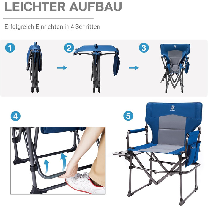 Крісло режисера EVER ADVANCED, складне, вантажопідйомність 180 кг, невеликий розмір упаковки, складне кемпінгове крісло з бічним столиком, портативне складне рибальське крісло з бічною кишенею для кемпінгу, риболовлі, фестивалів, пікніків, синє