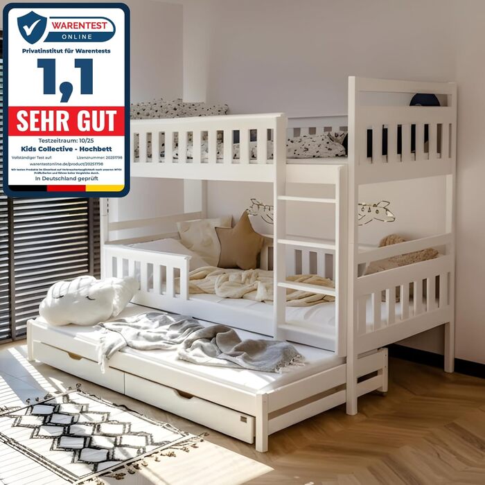 Дитяче колективне ліжко-горище 90x200 з 3 матрацами, висувне двоярусне ліжко з функцією висуву, дві шухляди, рейкова основа, захисні поручні, трансформується в ТРИ односпальні ліжка, масив дерева Білий 90x200 см 3 матраци білий - Стиль 2