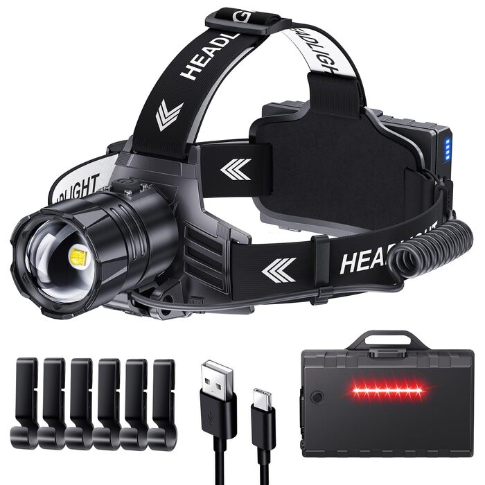 Акумуляторний світлодіодний налобний ліхтар, суперяскравий 120000 люмен, зручний налобний ліхтар з 5 режимами, водонепроникний IPX7, акумулятор 9000 мАг, масштабування, регульований налобний ліхтар на 120 для кемпінгу, риболовлі, активного відпочинку на с