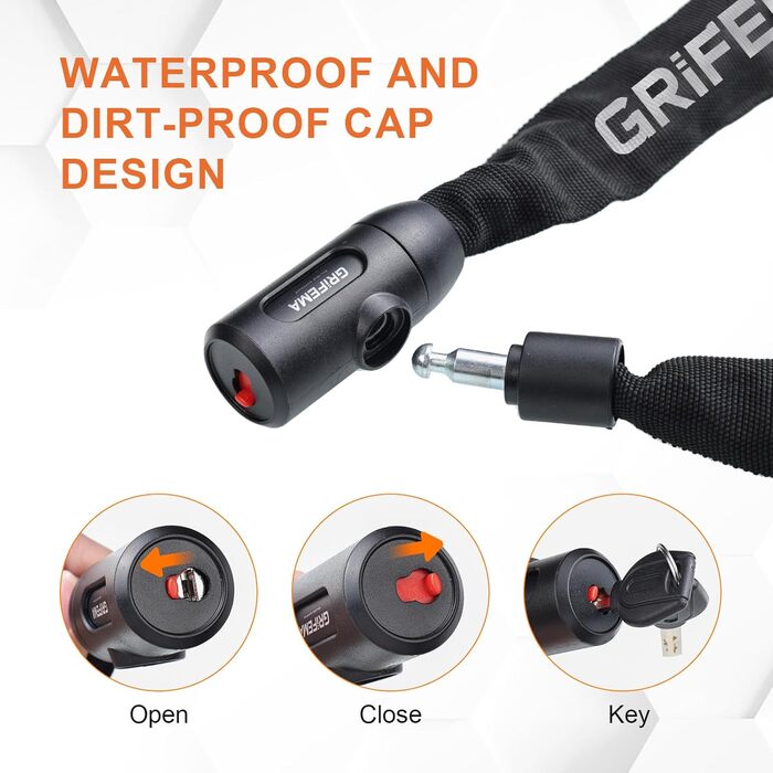 Велозамок, Високий рівень безпеки, Протиугінний ланцюговий замок для велосипеда, Гартовані сталеві ланки, 7 мм x 1200 мм, Чорний, Ключовий механізм