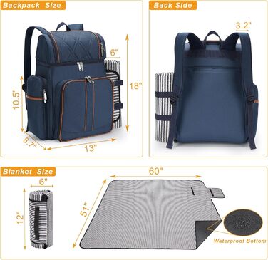 Рюкзак для пікніка на 4 особи, набір кошиків для пікніка, герметична сумка для пікніка, пляжний рюкзак-холодильник з ізольованою сумкою-холодильником, ковдра для пікніка, кемпінг, парк, темно-синій
